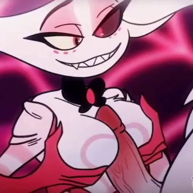 hazbin hotel, angel dust (hazbin hotel), jaguatiric4, arachnid, arachnid humanoid, boobjob, breasts, busty boy, chest floof, chest fluff, chest fluffjob, chest tuft, demon, humanoid penis, looking at viewer