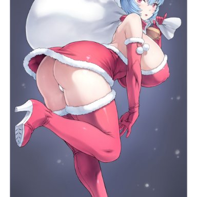 christmas, neon genesis evangelion, rei ayanami, mogudan, 1girls, ass, big ass, big breasts, blue hair, blush, breasts, christmas outfit, eye contact, female, female only
