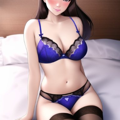 blizzard entertainment, overwatch, overwatch 2, d.va, hana song, anime lingerie, nai diffusion, stable diffusion, 1girls, alluring, big breasts, blue lingerie, blush, breasts, brown hair