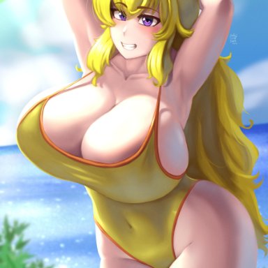 rooster teeth, rwby, yang xiao long, kingjnar, 1girls, alternate ass size, alternate breast size, ass, big ass, big breasts, blonde female, blonde hair, blue sky, breasts, breasts bigger than body