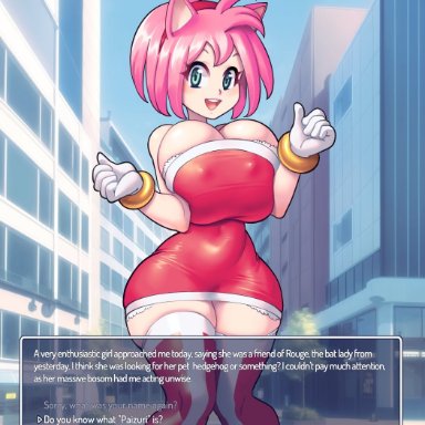 sonic (series), sonic the hedgehog (series), amy rose, supersatanson, green eyes, hedgehog humanoid, huge breasts, humanized, large breasts, minidress, miniskirt, pink hair, red boots, red dress, squished breasts