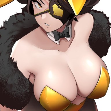 rwby, cinder fall, lainart, 1girls, alternate costume, breasts, brown hair, bunny ears, bunny girl, bunnysuit, cleavage, eye patch, female, female only, from above