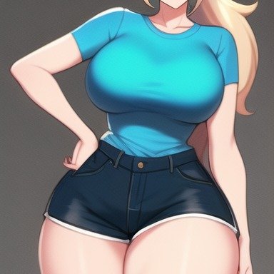 mario (series), princess rosalina, nai diffusion, stable diffusion, big thighs, blonde hair, blue eyes, blue shirt, curvy, curvy figure, huge hips, huge thighs, long hair, looking at viewer, ponytail