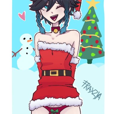 christmas, genshin impact, venti (genshin impact), fraxzya (artist), 1boy, braids, bulge, christmas outfit, christmas tree, femboy, green eyes, pale skin, snowman, solo male