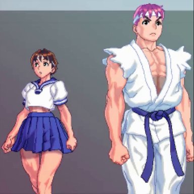 street fighter, ryu (street fighter), sakura kasugano, bingo torte, maximum strike edit, 1boy, 1boy1girl, 1girl1boy, ass, ass shake, bandana, brown hair, exposed pussy, female, headband