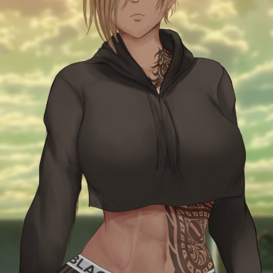 attack on titan, blacked, annie leonhardt, shexyo, 1girl, 1girls, abs, belly button, big breasts, blacked clothing, blonde female, blonde hair, blonde hair over one eye, blue eyes, crop top