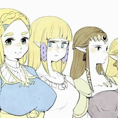 breath of the wild, ocarina of time, skyward sword, the legend of zelda, twilight princess, princess zelda, zelda (breath of the wild), zelda (ocarina of time), zelda (skyward sword), zelda (twilight princess), artist request, unknown artist, big breasts, blonde hair, breast conscious