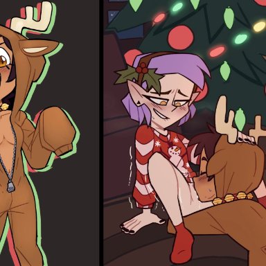 christmas, disney, the owl house, amity blight, luz noceda, duncanscocc, 2girls, between legs, bottomless, canon couple, christmas outfit, cleavage, clothed sex, cunnilingus, kigurumi