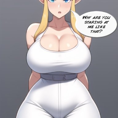the legend of zelda, princess zelda, nai diffusion, stable diffusion, angry face, annoyed face, big boobs, big breasts, blonde hair, blue eyes, cleavage, curvy, curvy figure, deep cleavage, high waisted pants