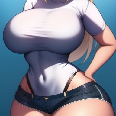 the legend of zelda, princess zelda, nai diffusion, stable diffusion, big breasts, blonde hair, blue eyes, curvy, curvy figure, gigantic breasts, hand on hip, huge breasts, huge hips, large breasts, looking at viewer