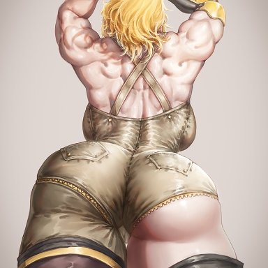 rwby, yang xiao long, prinzkuon, 1girls, ass, ass focus, back muscles, bare shoulders, big ass, big butt, breasts, butt, clothed, clothing, female