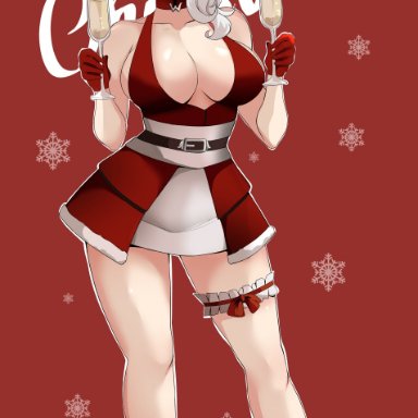 christmas, merry christmas, rwby, willow schnee, lainart, 1girls, alcohol, bare shoulders, belt, black belt, blue eyes, breasts, champagne, choker, cleavage
