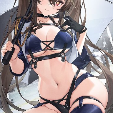 genshin impact, hu tao (genshin impact), baton, breasts, cleavage, female, female only, medium breasts, navel, panties, police, police hat, police uniform, policewoman, smile