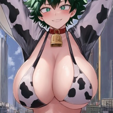 my hero academia, female deku, izuku midoriya, merukuma, stable diffusion, animal ears, blush, breasts, cow bell, cow ears, cow horns, cow print, cow print bikini, green eyes, green hair