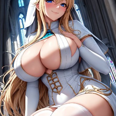 original, stable diffusion, 1girls, big breasts, blonde hair, breasts, church interior, cleavage, female, female focus, female only, large breasts, long hair, nun outfit, voluptuous female