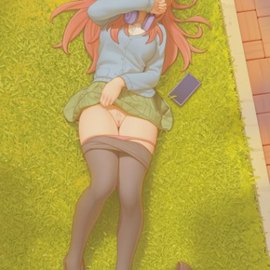 go-toubun no hanayome, nakano miku, bartolomeobari, bangs, black pantyhose, blue cardigan, blush, brown footwear, cardigan, cellphone, clothes lift, clothes pull, covering mouth, day, embarrassed