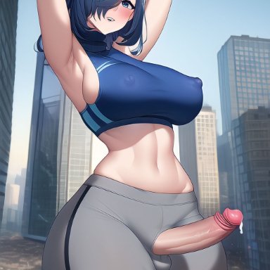 meta runner, tari (smg4), artist request, nai diffusion, stable diffusion, tetra ai, 1futa, armpits, arms behind head, arms up, big breasts, big penis, blue hair, breasts, city