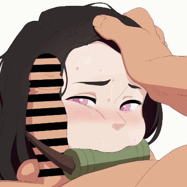 demon slayer, kimetsu no yaiba, kamado nezuko, tnkxxx, 1boy, 1girls, balls, bamboo gag, blush, cheekjob, female, hand on head, light-skinned female, light-skinned male, light skin