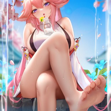 genshin impact, yae miko, liu liaoliao, 1girls, animal ears, big breasts, bottle, cherry blossoms, crossed legs, feet, female, female only, hair ornament, large breasts, legs