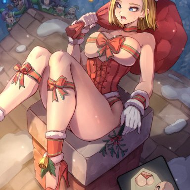 christmas, dragon ball, android 18, jammeryx, ass, blonde hair, blue eyes, blush, christmas clothing, christmas outfit, cleavage, earrings, large ass, large breasts, milf