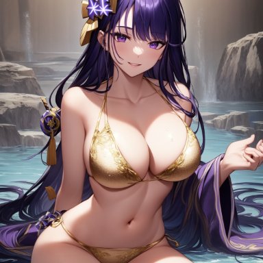 genshin impact, raiden shogun, nai diffusion, stable diffusion, 1girls, bikini, braid, breasts, cleavage, curvy, female, gold bikini, large breasts, mature female, purple eyes