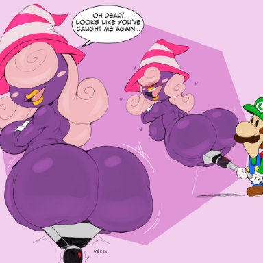 luigi's mansion, mario (series), nintendo, paper mario, luigi, vivian (paper mario), purple yoshi draws, 1boy, 1girls, ass, big ass, bottom heavy, bubble butt, captured, dat ass