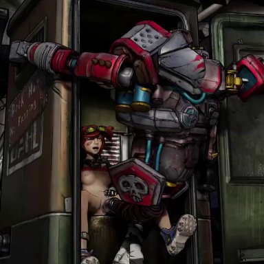 borderlands, borderlands 2, deathtrap, gaige (borderlands), alicecry, clothing, cybernetics, female, footwear, handwear, human, male, pale skin, portable toilet, robot