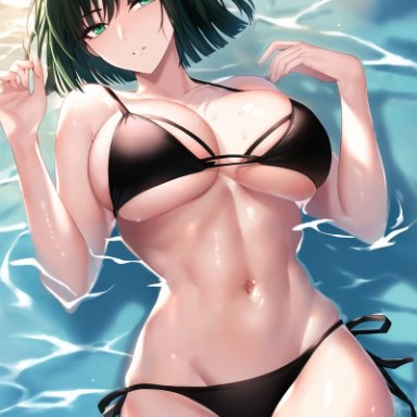 one-punch man, fubuki (one-punch man), nai diffusion, stable diffusion, 1girls, bangs, beach, belly, belly button, big breasts, bikini, breasts, busty, cleavage, curvaceous