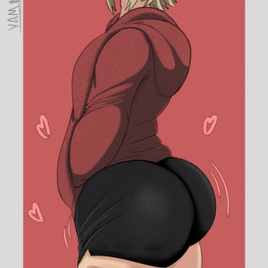 chainsaw man, sawatari akane, yamathegod, 1girls, ass, big ass, big butt, black shorts, eye contact, female, female focus, female only, flat chest, fully clothed, hearts