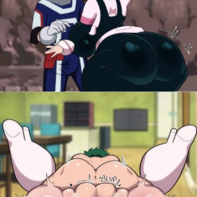 my hero academia, izuku midoriya, ochako uraraka, ochako uraraka (hero outfit), nsf wario, 1boy, 1girls, ass focus, ass squish, balls deep, brown hair, cheering, cum in pussy, cum inside, cum overflow