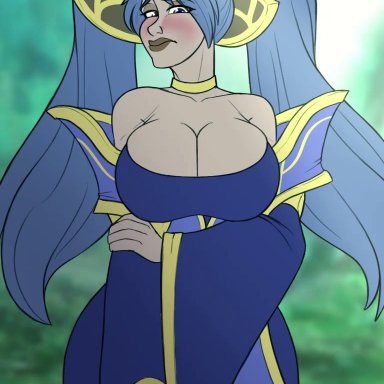 league of legends, sona buvelle, hammertheshark, 1girls, alternate breast size, bare shoulders, bashful, big breasts, breast expansion, breasts, bursting breasts, cleavage, female, female only, huge breasts