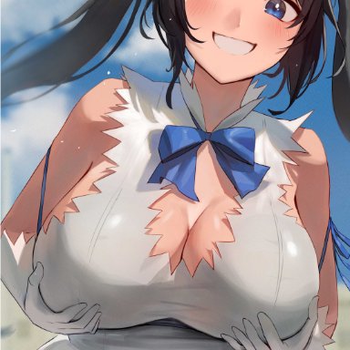 hestia (danmachi), rororo, 1girl, belly button, black hair, blue eyes, breast grab, breasts, cleavage, heavy breasts, huge breasts, large breasts, long hair, mischievous smile, naughty face