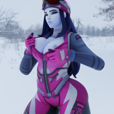 blizzard entertainment, overwatch, widowmaker, vonsvaigen, 1girls, big ass, big breasts, clothed, clothing, cold, female, female only, long hair, open shirt, purple body