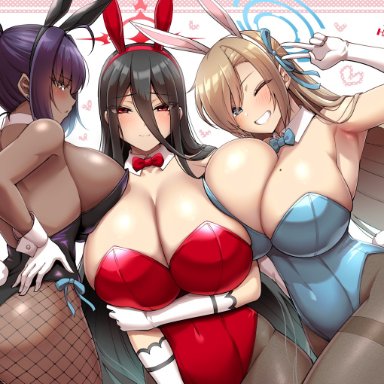 blue archive, happy new year, new year, new year 2023, asuna (blue archive), hasumi (blue archive), karin (blue archive), kanno takanori, 3girls, ass, big breasts, black hair, blonde hair, blue eyes, blush