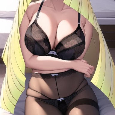 game freak, nintendo, pokemon, pokemon sm, lusamine (pokemon), anime lingerie, nai diffusion, stable diffusion, 1girls, arms crossed under breasts, black bra, black lingerie, black panties, breasts, female