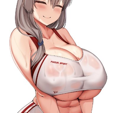 uzaki-chan wa asobitai!, uzaki tsuki, yua respati, 1girls, belly button, booty shorts, breasts, closed eyes, female, grey hair, gym clothes, hips, huge breasts, light-skinned female, light skin