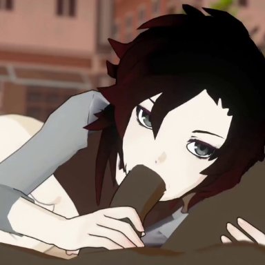 rwby, ruby rose, audiodragon, burstingseas, macstarva, 1boy, 1girl, blowjob, dark-skinned male, dark-skinned penis, dark skin, deep blowjob, emo, eye contact, fellatio