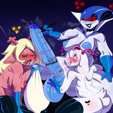 deltarune, deltarune chapter 2, noelle holiday, queen (deltarune), ralsei, tayuri, 1boy, 1futa, 1girls, after fellatio, after sex, anthro, areolae, balls, big breasts