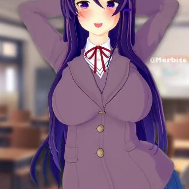 doki doki literature club, yuri (doki doki literature club), morbite, 1girls, :0, :d, arms behind head, arms up, black bra, black panties, blue skirt, blush, blushing, bra, dancing