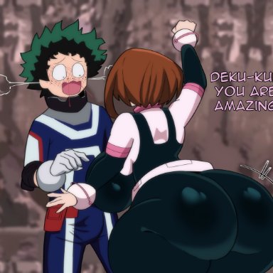 my hero academia, izuku midoriya, ochako uraraka, nsf wario, 1boy, 1girls, ass, big ass, bodysuit, bubble ass, bubble butt, gloves, green eyes, green hair, huge ass