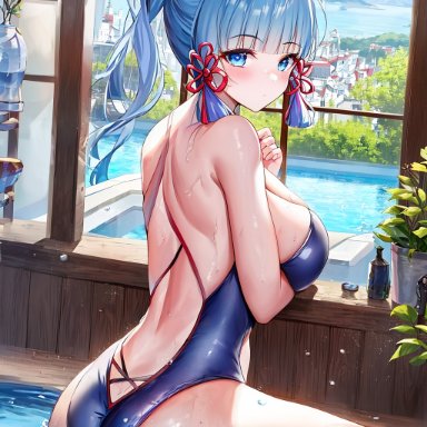 genshin impact, kamisato ayaka, alternate costume, ass, bare shoulders, blue eyes, blue hair, blush, breasts, female, from behind, hair ornament, huge ass, large breasts, long hair