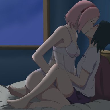 boruto: naruto next generations, naruto, naruto (series), sakura haruno, sarada uchiha, optimystic, 2girls, adult, age difference, babydoll, before sex, black hair, closed eyes, dark room, female