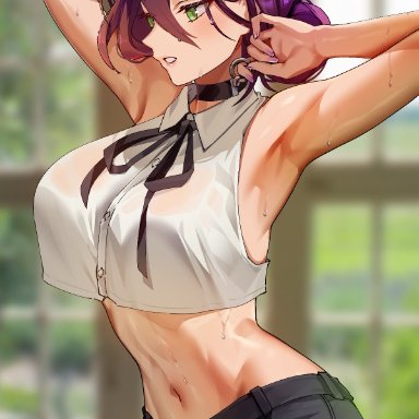 chainsaw man, reze (chainsaw man), foxyrain, foxyreine, 1girls, armpits, arms up, booty shorts, breasts, female, green eyes, large breasts, midriff, navel, purple hair