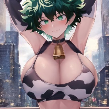 my hero academia, female deku, izuku midoriya, merukuma, stable diffusion, ass visible through thighs, big ass, big breasts, big butt, blush, cow bikini, cow girl, green eyes, green hair, looking at viewer