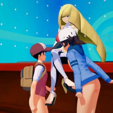 pokemon, lusamine (pokemon), srun123, 1girls, 2boys, assertive female, barefoot, crossed legs, double footjob, female, female focus, foot fetish, foot focus, foot fuck, foot play