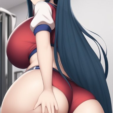 danganronpa, danganronpa: trigger happy havoc, maizono sayaka, nai diffusion, stable diffusion, ass, ass grab, blue eyes, buruma, cameltoe, grabbing own ass, gym, gym shorts, gym uniform, huge ass