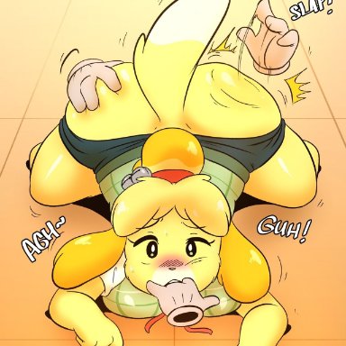 animal crossing, nintendo, isabelle (animal crossing), joaoppereiraus, anthro, ass, ass grab, bubble butt, chubby, dubious consent, finger in mouth, grope, huge breasts, lying, skirt