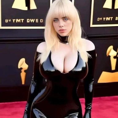 billie eilish, big breasts, blonde hair, blue eyes, elbow gloves, gloves, latex, latex gloves, leather, skimpy, skimpy clothes, ai generated