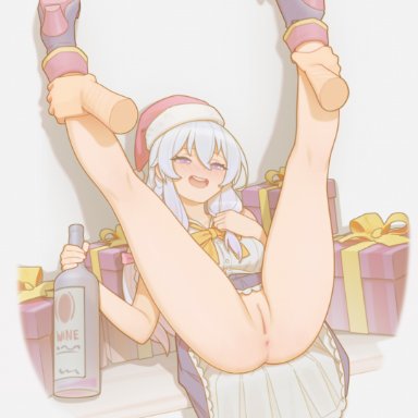 christmas, elaina (majo no tabitabi), bartolomeobari, alcohol, clothed, clothing, drinking, drunk, horny, horny female, imminent sex, legs, legs apart, legs held open, legs up