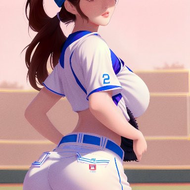 stable diffusion, 1girls, baseball cap, baseball uniform, big breasts, curvaceous, curvy, curvy body, curvy female, curvy figure, female focus, female only, looking at viewer, looking back, seductive look